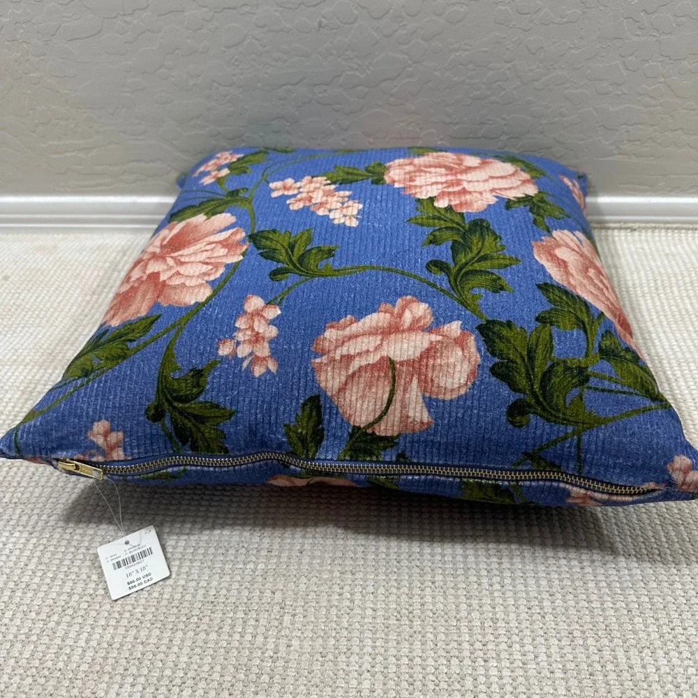 Anthropologie Blue Floral 100% Cotton Velvet Corduroy Throw Pillow‎ 18x18